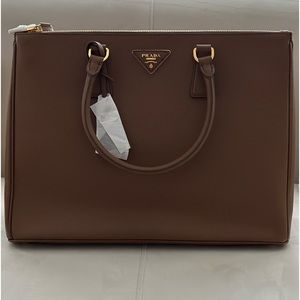 PRADA Brown Saffiano Lux Leather Large Double Zip Tote.